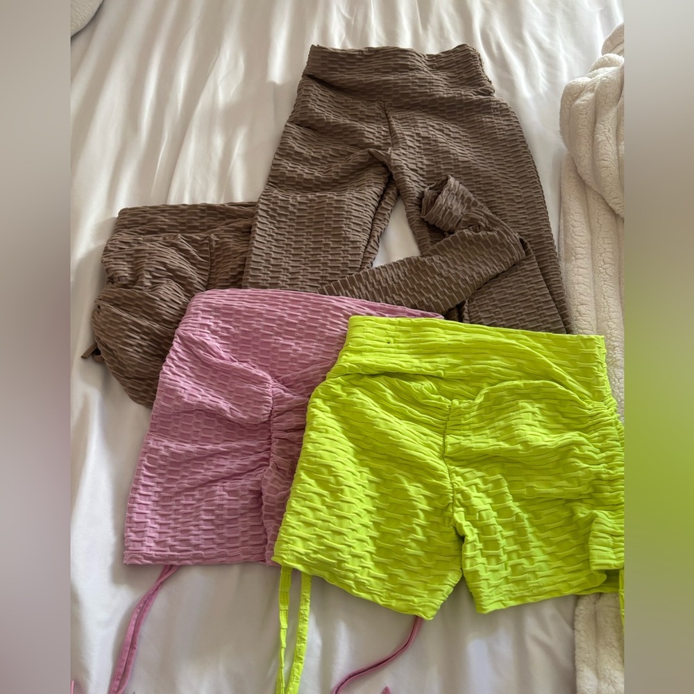 Honeycomb Brown, Pink, and Neon Green Shorts and 1 legging